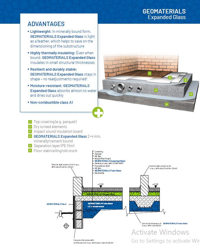 Detaliu constructiv pentru realizarea unui strat ușor de nivelare cu sticlă celulară expandată utilizat sub șape și sisteme de pardoseală.