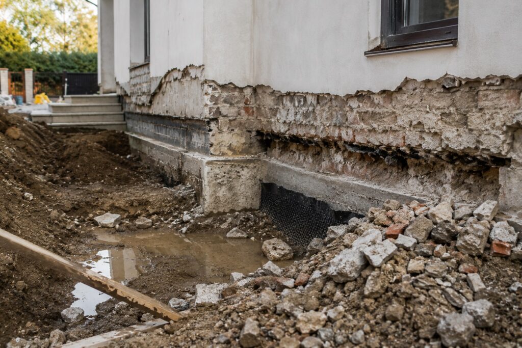 Excavare și lucrări de remediere în zona fundației unei case, exemplu al costurilor generate de probleme apărute după finalizarea construcției