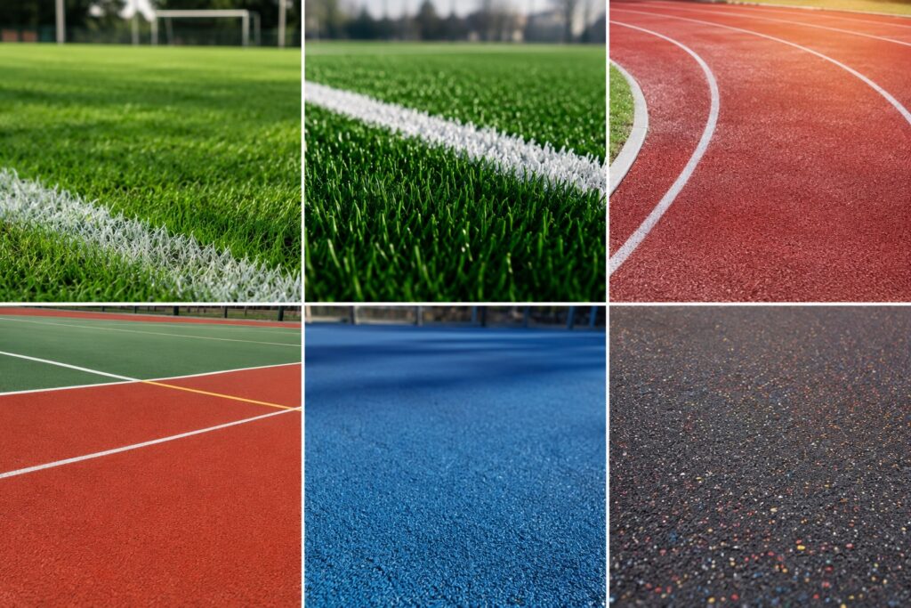 Exemple de gazon natural, gazon sintetic, pistă de atletism și suprafețe sportive moderne utilizate în infrastructura sportivă
