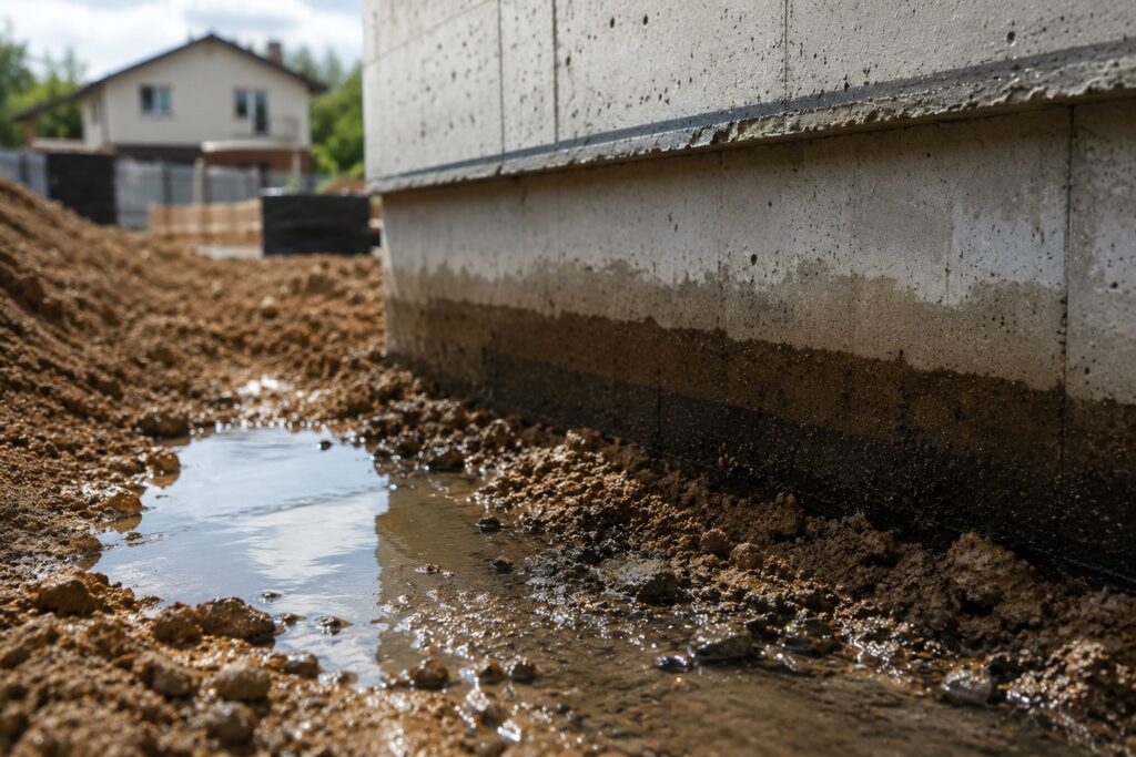Fundație de casă în construcție cu apă acumulată în zona perimetrală, ilustrând riscurile asociate drenajului insuficient