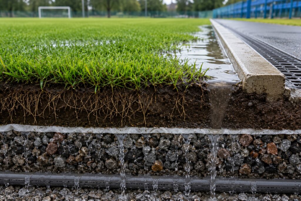 Secțiune printr-un teren sportiv cu gazon natural care ilustrează infiltrarea apei prin stratul vegetal, zona radiculară și straturile drenante aflate sub suprafața de joc
