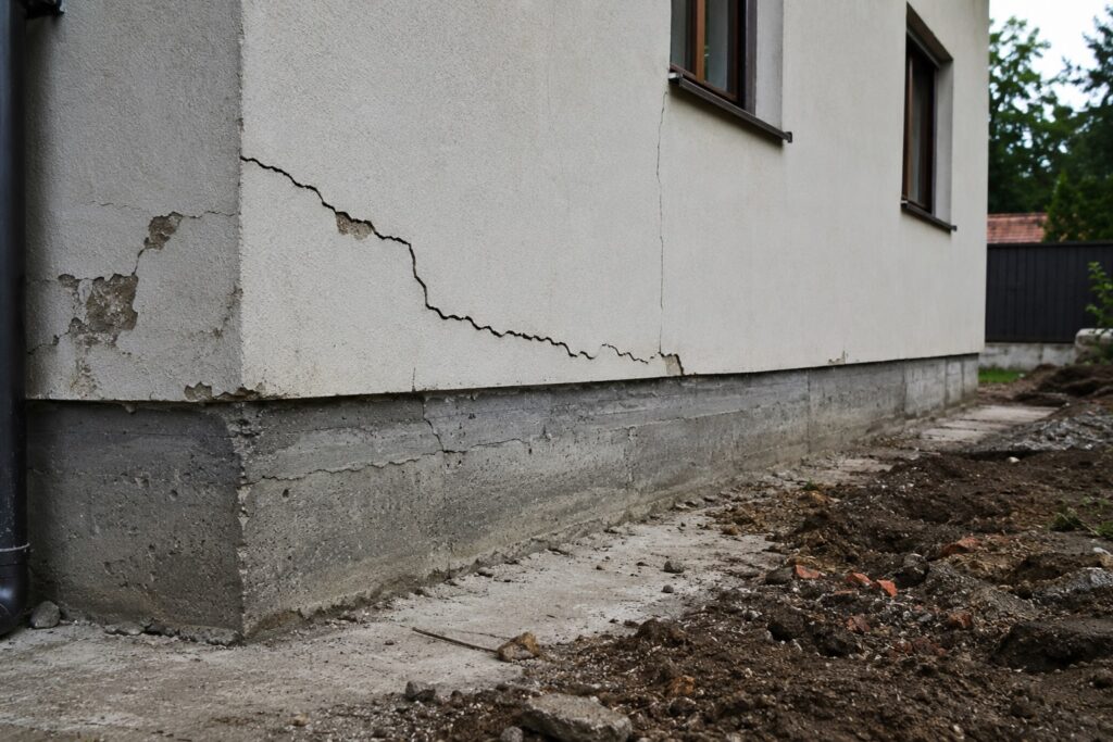 Fisură diagonală pe peretele unei case provocată de tasări diferențiate ale fundației și ale terenului de fundare