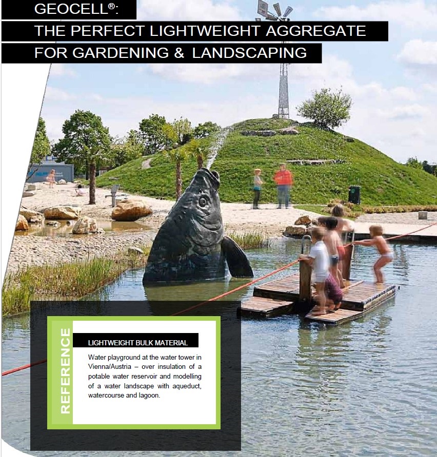 Spațiu recreativ cu lac artificial, relief modelat și zone verzi amenajate la turnul de apă din Viena, realizat deasupra unui rezervor de apă potabilă.