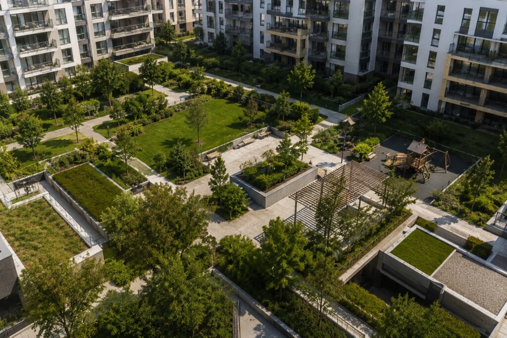 Curte interioară verde într-un ansamblu rezidențial modern, cu arbori, alei pietonale, gazon și spații de recreere amenajate între clădiri.