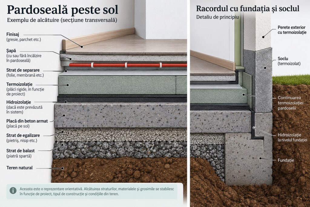 Pardoseală peste sol cu termoizolație și racord la fundație și soclu